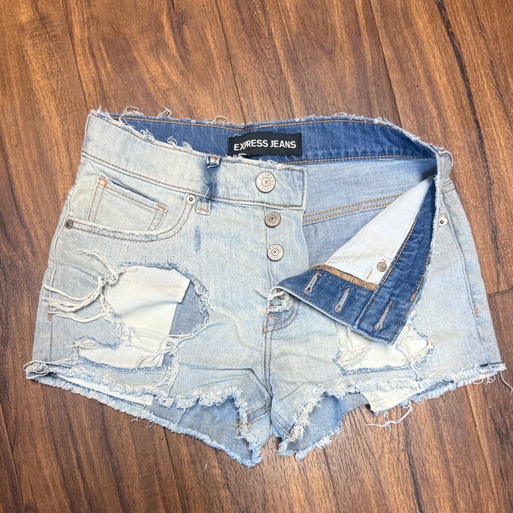 Express Light Blue Ripped Jean Shorts - Picture 3 of 3